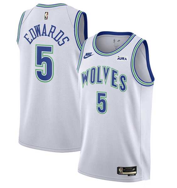 Men%27s Minnesota Timberwolves #5 Anthony Edwards White 2023-24 Classic Edition Stitched Jersey Dzhi
